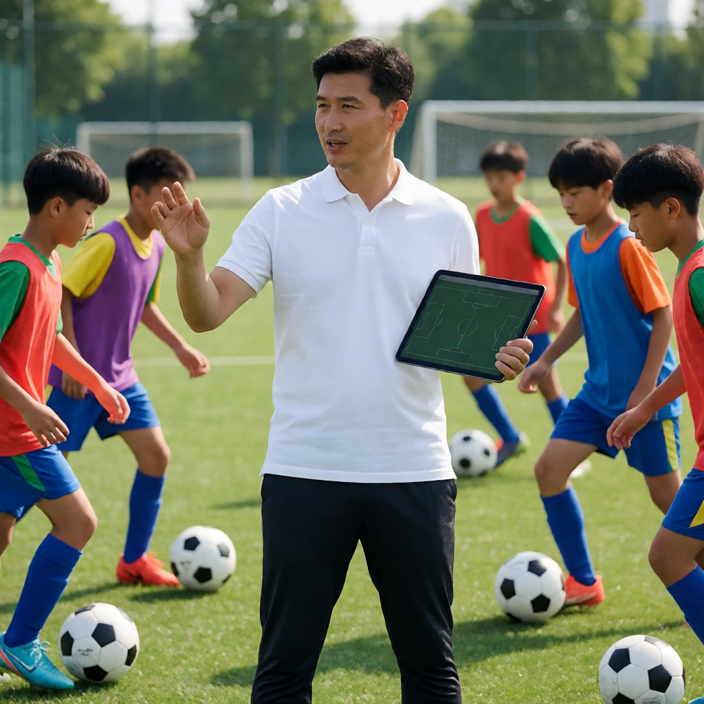 青少年足球训练场上球员进行带球练习的画面